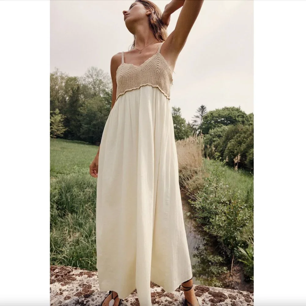 Zara Crochet Midi Dress Cream White Sz S NWT